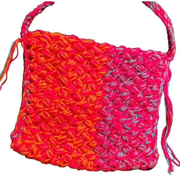 Crochet Shoulder Tote Handbag Pink Orange Blue Medium Bright Tassel Handmade - Picture 4 of 7